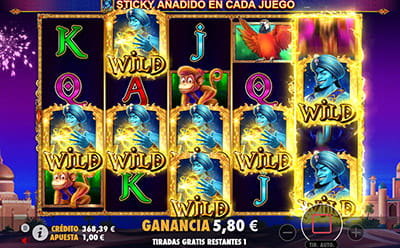 Función Bonus con giros gratis y sticky wilds en la slot 3 Genie Wishes