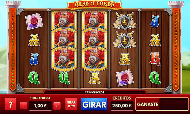 Menú principal de Cash of Lords con el panel de juego y los diferentes tambores y filas representados