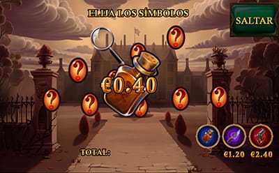 Función Clue Hunt de la slot Murder Mystery, mostrando un premio de 0,40€, proporcionado por una botellita de veneno.