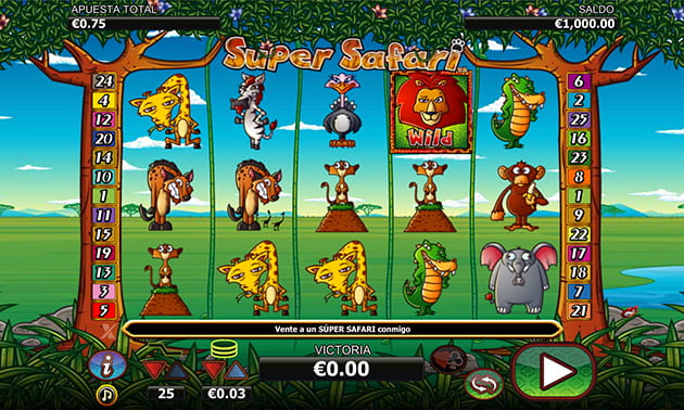 Panel de inicio de la slot Super Safari de NextGen con sus 5 rodillos y 36 filas, el en que aparecen las caricaturas de unos animales africanos.