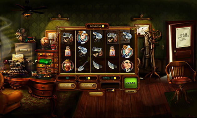 : Panel principal de la slot The Sherlock Files de Red Rake Gaming en composición de 5 carretes y 3 filas.