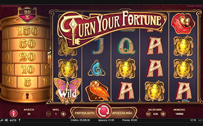 Pantalla de la slot Turn Your Fortune mostrando los carretes con los símbolos y la torre con multiplicadores a la derecha