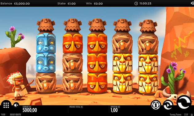 Menú principal de Turning Totems con el panel de juego y los diferentes tambores y filas representados.