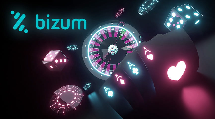 Logo de Bizum junto a cartas de póker, una ruleta, dados y fichas de casino.