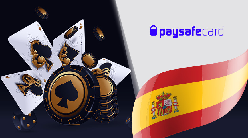 Logo de Paysafecard junto a cartas de póker, una ruleta, dados y fichas de casino.