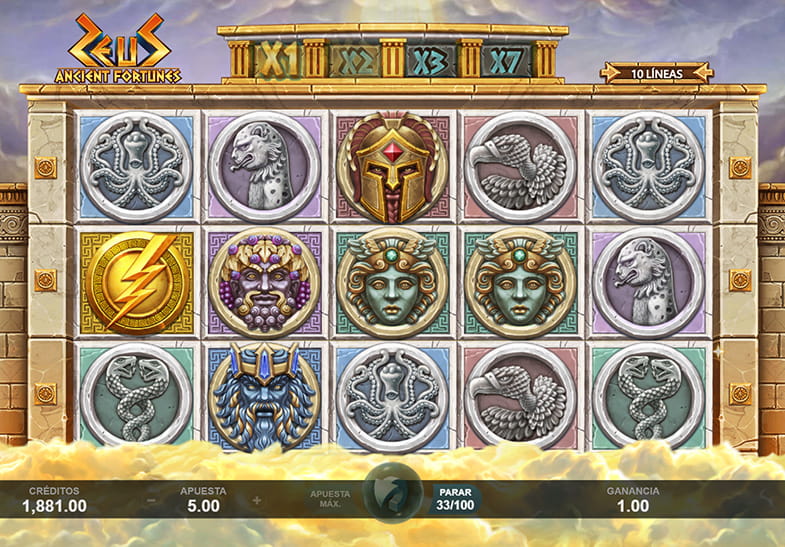 Pantalla de la slot Ancient Fortunes Zeus de Microgaming mostrando los cinco tambores y símbolos de pago.