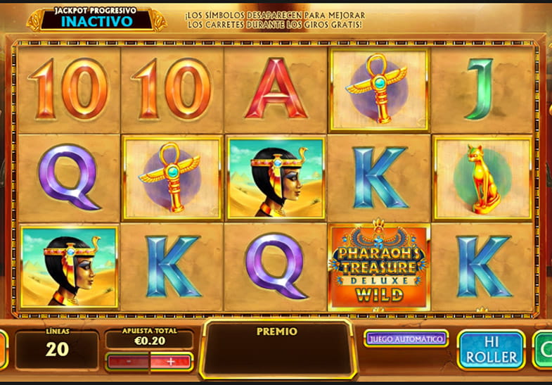 Pantalla de la slot Pharaoh's Treasure Deluxe con símbolos Wild, reina egipcia, llave de oro, gato de oro, letras A, K, Q, 10
