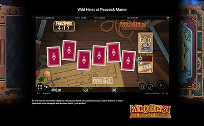 Función Re-pick para elegir 1 de 5 cartas en los giros gratis de la tragaperras Wild Heist at Peacock Manor