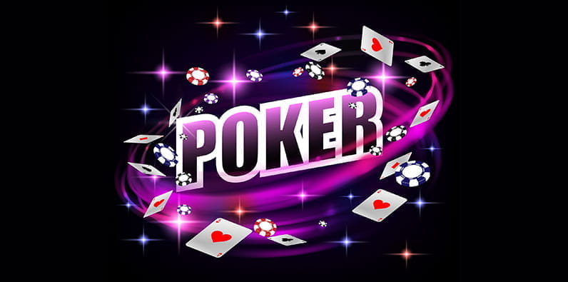 La palabra "Póker" dibujada en color morado oscuro con cartas y fichas de casino a su alrededor. 