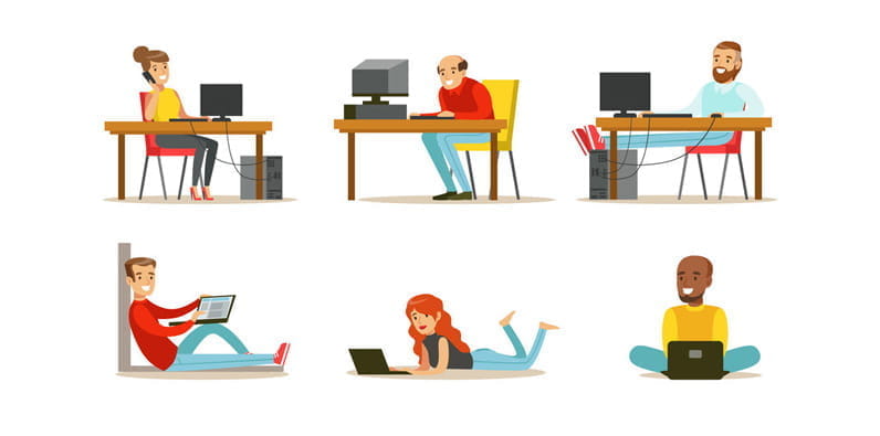 Seis personas dibujadas sentadas delante de sus ordenadores y portátiles.