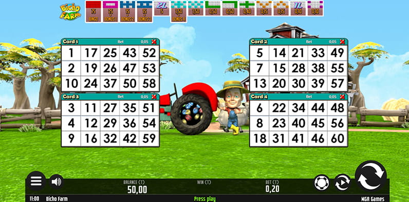 Panel de juego de Bicho Farm, video bingo de MGA 