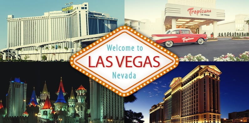 Cuatro hoteles diferentes de Las Vegas y la frase "Welcome to Las Vegas"