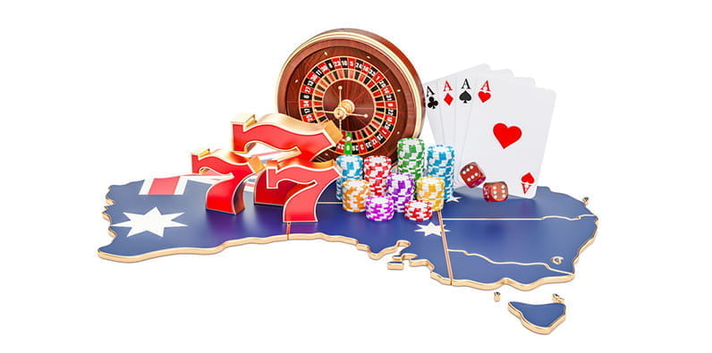 El continente Australia con cartas de juego, fichas de casino y rueda de ruleta