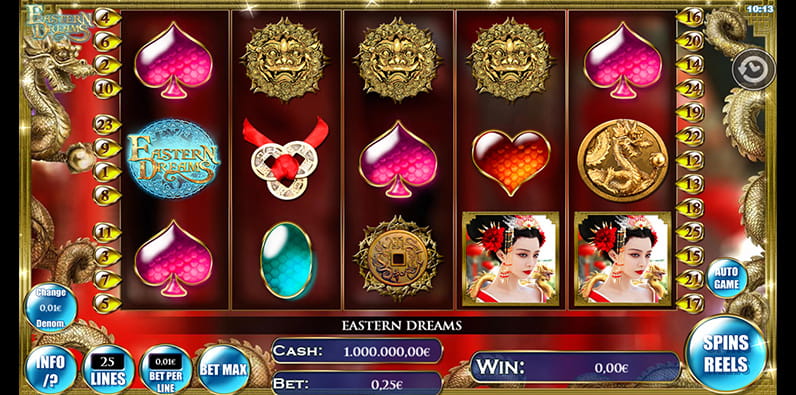 Captura de pantalla del inicio del juego de la slot Eastern Dreams de R. Franco 