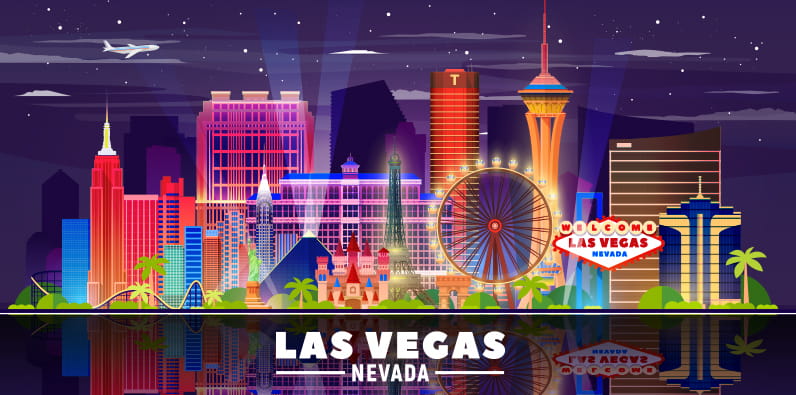 Una tarjeta dibujada de Las Vegas con el letrero "Las Vegas Nevada"