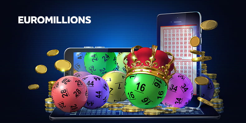 Montaje con las bolas de los números del sorteo, móviles y monedas de oro. 
