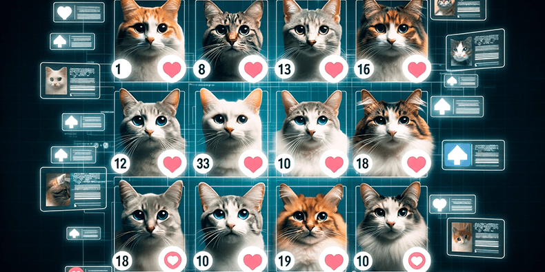 Fotografía de 10 gatos destacados rodeados de íconos digitales de popularidad en internet.