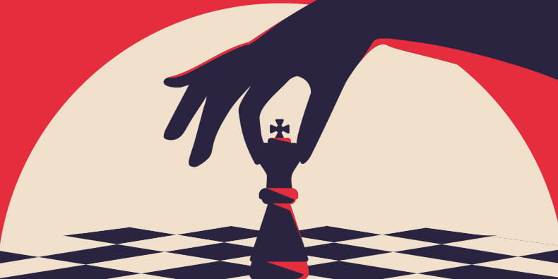 Dibujo de una mano sujetando la ficha del rey sobre un tablero de ajedrez 
