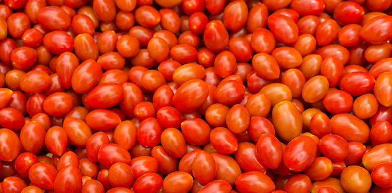 Variedad de tomates pera frescos.