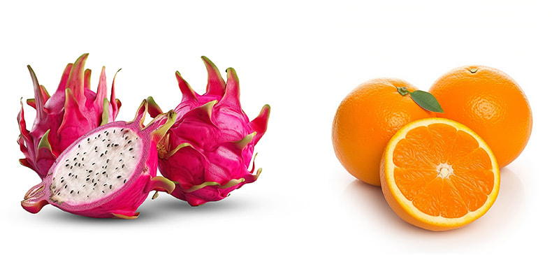  Imágen de la fruta del dragón y una naranja. 