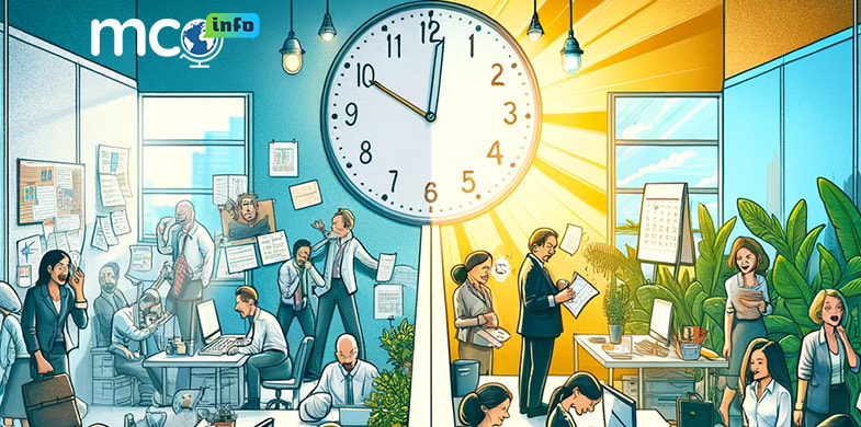 Una ilustración que muestra una oficina muy amplia con reducción de jornada laboral y muchos trabajadores.