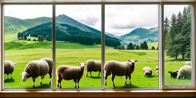 Ventana abierta da a un prado con ovejas. 